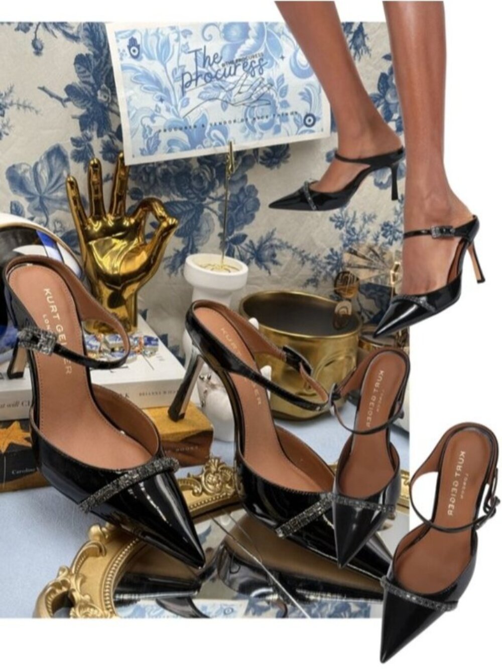 🆕 KURT GEIGER LONDON 🧿 NWOB Strass Point Mule, Black Patent - Sz 37 US 7